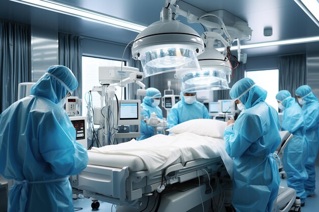 Foto un team medico che esegue un'operazione chirurgica in una moderna sala operatoria generata con l'ai