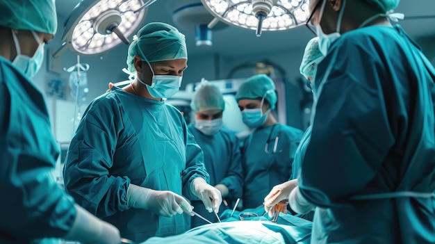 Medical team of surgeons in hospital doing minimal invasive surgical interventions Surgery operating room with electrocautery equipment for cardiovascular emergency surgery center