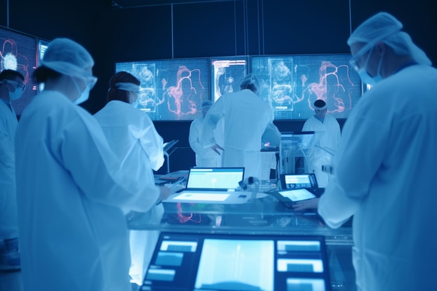 Medical team with surgical masks working in a hightech laboratory