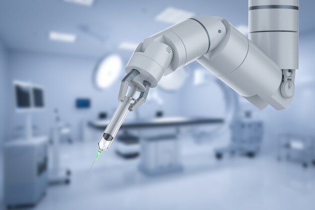 Medical technology concept with 3d rendering robot hand hold syringe in surgery room