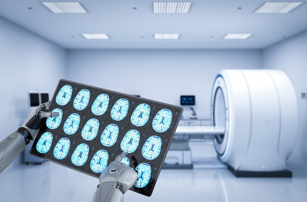 medical technology concept with 3d rendering robot with tablet display x-ray brain