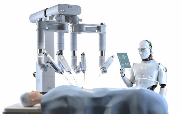 Medical technology concept with doctor robot with robotic assisted surgery in operating room