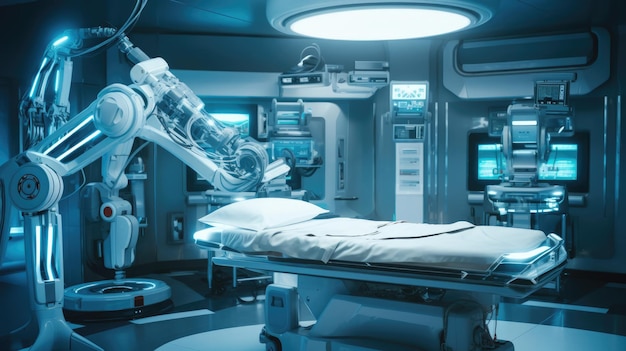 Концепция медицинских технологий с хирургическим роботом в операционной