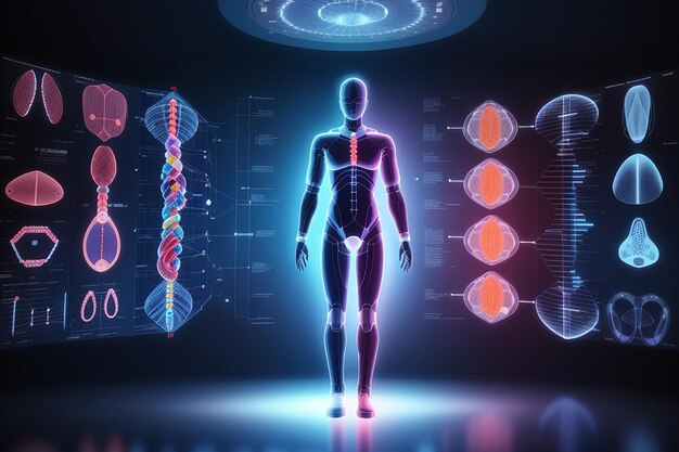 Фото Медицинские технологии сканирует человеческое тело вместе с днк и графиками. изображает медицинские технологии.