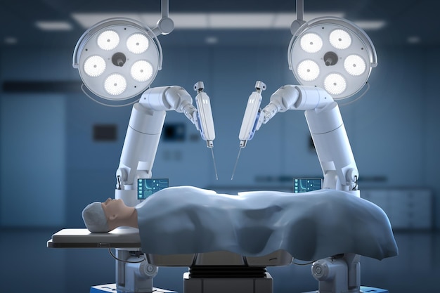 Medical technology with 3d rendering robotic assisted surgery with mock up model in operating room