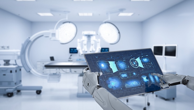 Medical technology with robot hand hold tablet in surgery room
