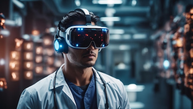 Medical technologyHealth care Medicine doctor using virtual reality headset with robots to researc