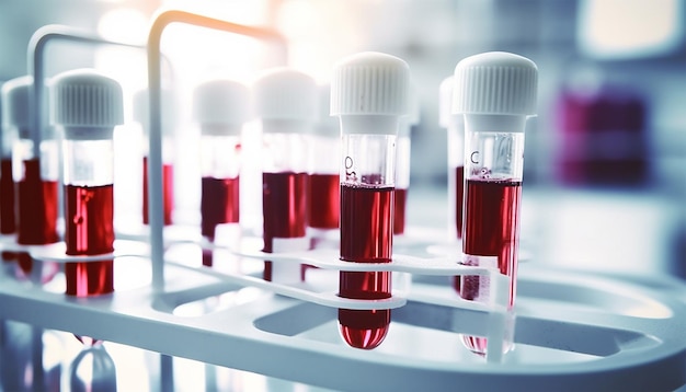 Medical test tubes Tubes with blood in lab Lab assistant a medical scientist chemistry researcher