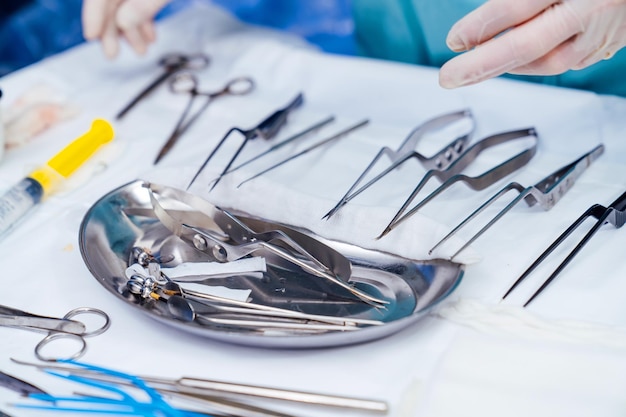 Medical tools on blur surgery background Bowl with sterile scissors in the operating room Closeup Instruments for surgical procedure