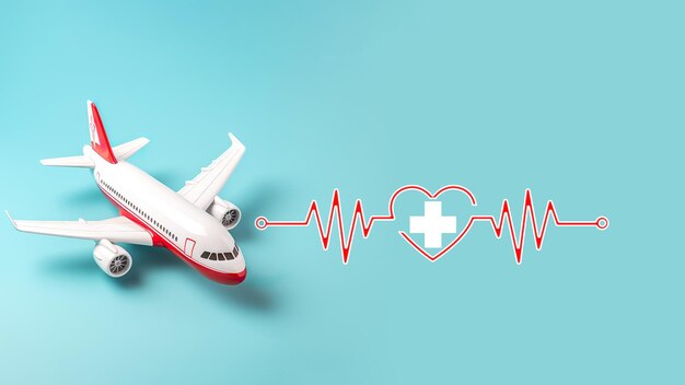 사진 의료 관광 백색 항공기 의료 표지판 십자가 심장 사진 파란색 배경에 심장