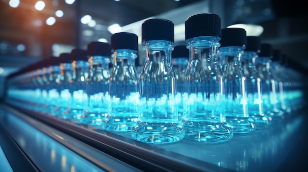 Medical vials on production line at pharmaceutical factory Generative Ai