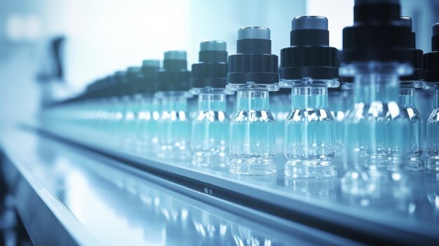 Medical vials on production line at pharmaceutical factory