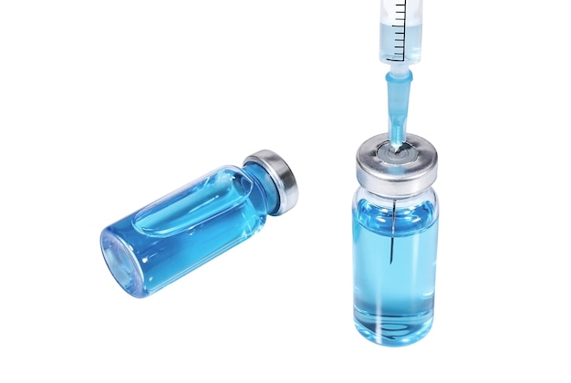 Medical vials with blue vaccine and stuck syringe