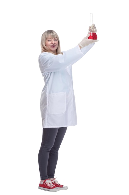 Medical woman with a laboratory flask  isolated on a white background