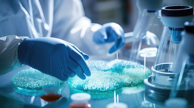 A medical worker in a gown and gloves carefully examines a petri tablet with bacteria