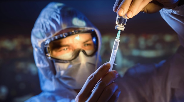 Medical worker invent vaccine for covid-19. Pandemic Laboratory worker holding syringe with vaccine.