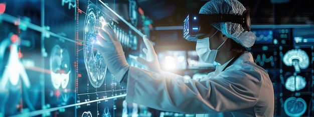 Photo medical worker touching virtual medical screens generative ai