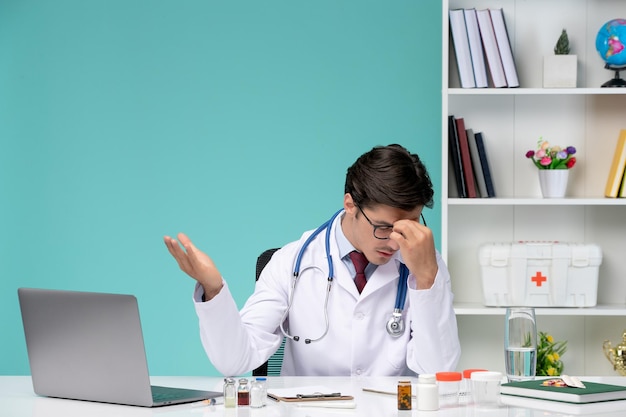 Medical working remotely on computer serious cute smart doctor in lab coat tired and exhausted