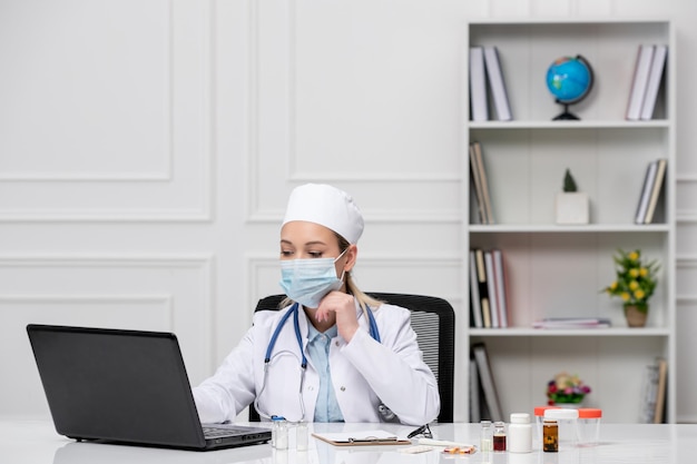 Medical young blonde doctor in white hospital coat and hat with computer on a distant call