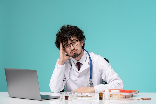 Medical young handsome doctor working on computer remotely in lab coat thinking and tired