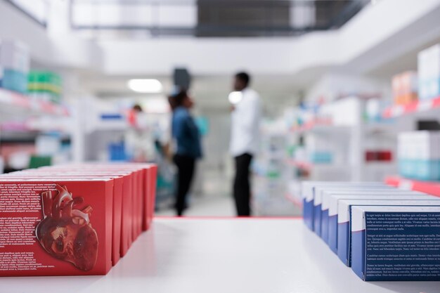 Photo medicament packages on pharmacy shelf closeup, selective focus, customers buying medicaments in drugstore, standing in pharmacy aisle in background. african american clients shopping in drug store