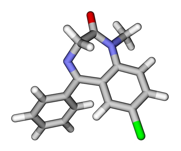 약물 diazepam 스틱 분자 모델