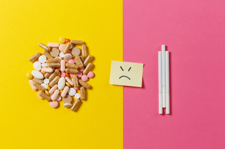 Photo 黄色の背景に抽象的な3本のタバコを配置した薬の白いカラフルな丸い錠剤の丸薬