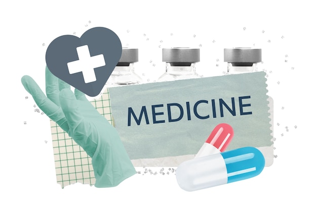 Medicijn woord png sticker gezondheidszorg papier collage doorzichtige achtergrond
