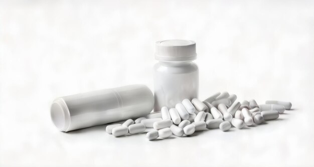 Medicijncapsules en fles op witte achtergrond