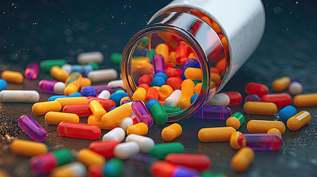 Medicijnfles die kleurrijke pillen morst die verslavingsrisico's afbeelden AI gegenereerd