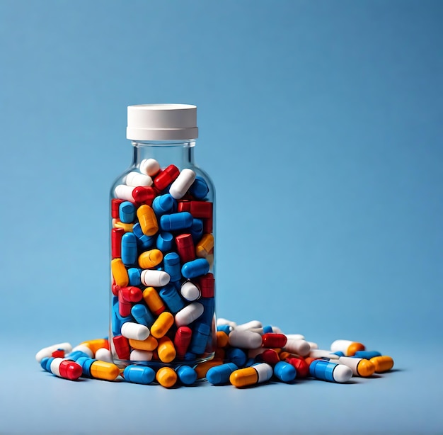 Foto medicijnfles kleurrijke pillen platte blauwe achtergrond