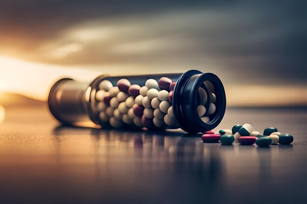 Foto medicijnfles met kleurrijke pillen.