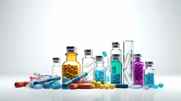 Medicijnflessen met veelkleurige pillen en capsules op witte achtergrond