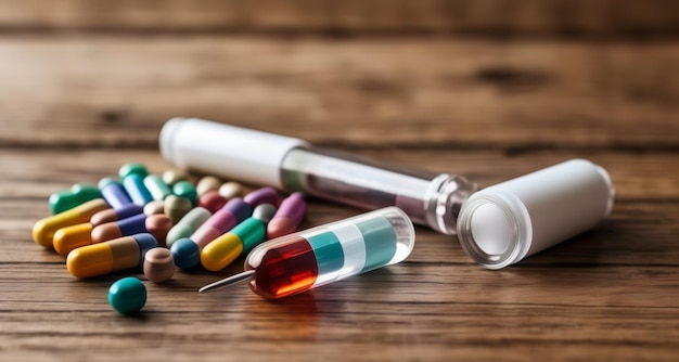 Medicinal assortment on wooden surface