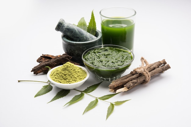 Medicinal Ayurvedic Azadirachta indica or Neem leaves in mortar and pestle with neem paste, juice and twigs, powder and oil, selective focus