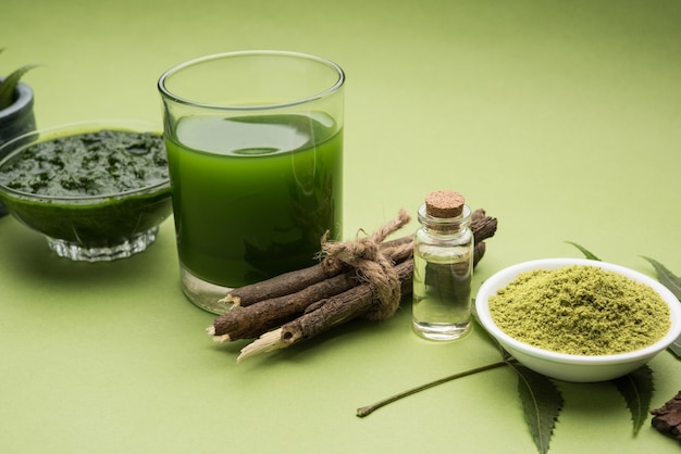 약용 Ayurvedic Azadirachta indica 또는 Neem 잎은 박격포와 유봉에 neem 페이스트, 주스 및 잔가지, 분말 및 오일, 선택적 초점