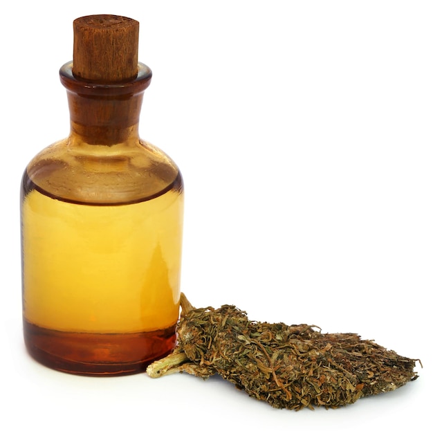 Medicinal cannabis or marijuana with extract oil in a bottle