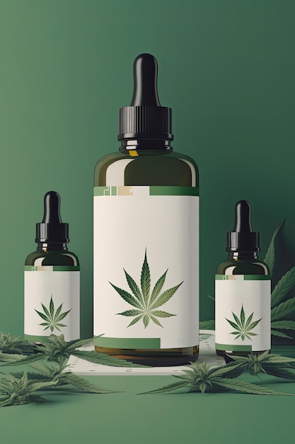 瓶に入った薬用大麻油抽出物と緑色の大麻葉 代替医療 CBD オイルが入ったさまざまなガラスボトル AI 生成