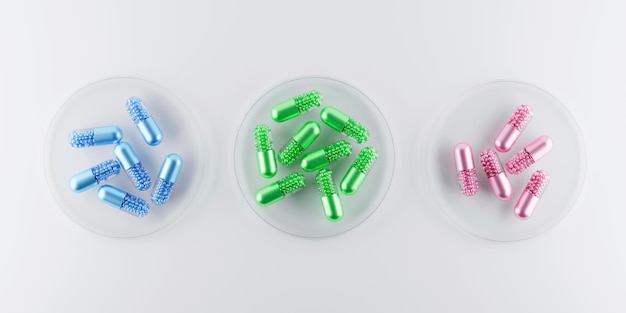 Capsule medicinali pillole color pastello lucido in laboratorio vista dall'alto rendering 3d