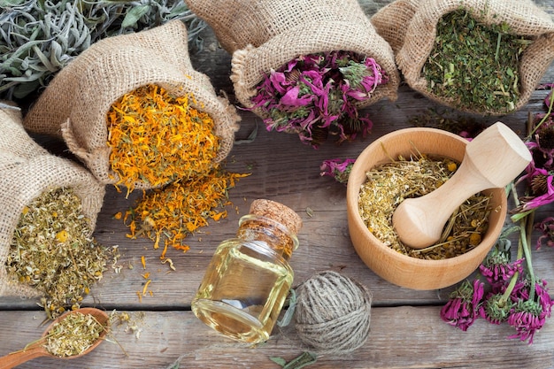 Medicinal herbs in hessian bags wooden mortar with chamomile and essential oil bottle