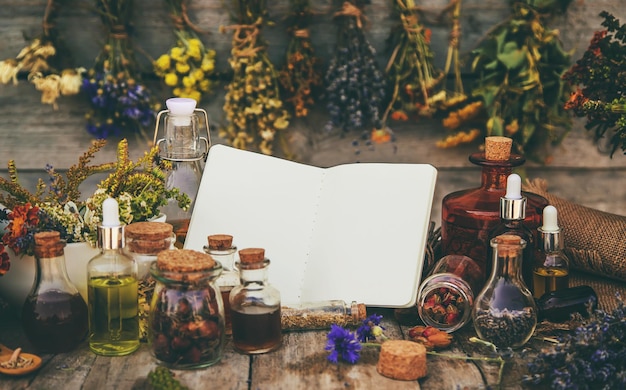 Medicinal herbs and tinctures homeopathy Selective focus