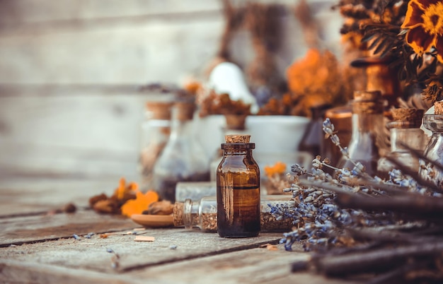 Medicinal herbs and tinctures homeopathy Selective focus