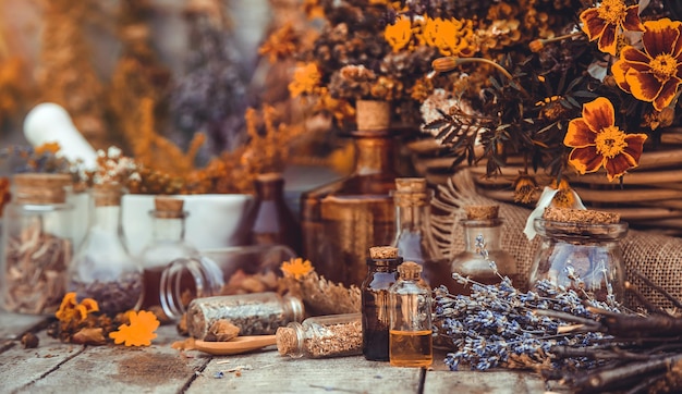 Medicinal herbs and tinctures homeopathy Selective focus