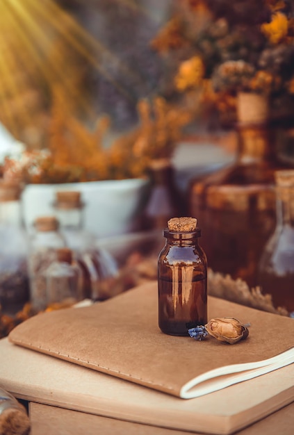 Medicinal herbs and tinctures homeopathy Selective focus