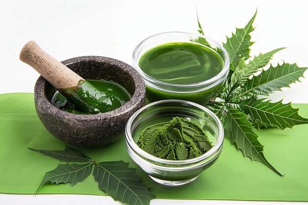 Photo medicinal neem leaves in mortar and pestle with nee