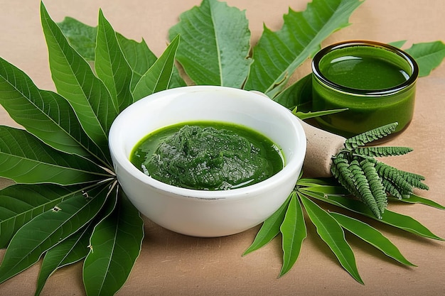 Photo medicinal neem leaves in mortar and pestle with nee