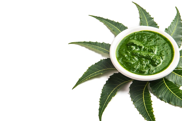 Medicinal Neem leaves with paste in bowl on white.