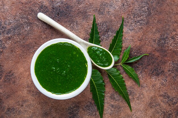 Medicinal Neem leaves with paste on stone surface