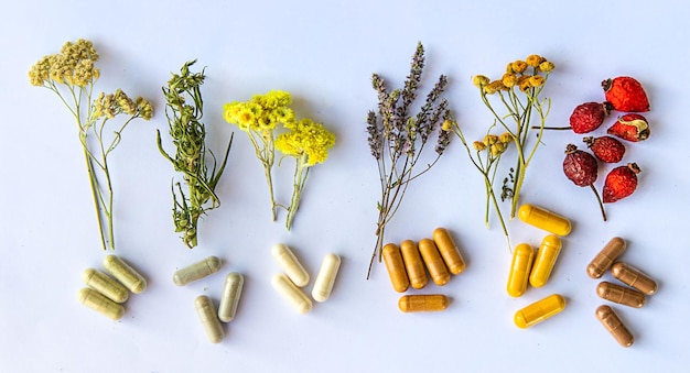 Medicinal supplements in capsules Selective focus