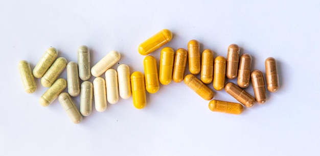 Medicinal supplements in capsules Selective focus